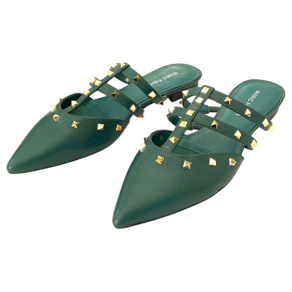 NIB Marc Fisher Amazie Rock Stud Mule Flats Sandals Green Gold Size 5 - Picture 1 of 10